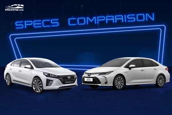 A picture of the Ioniq and Corolla Altis Hybrid head to head.