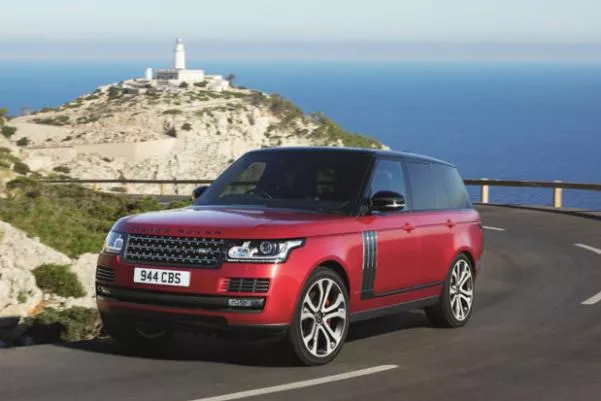 Angular front of a red Land Rover Range Rover