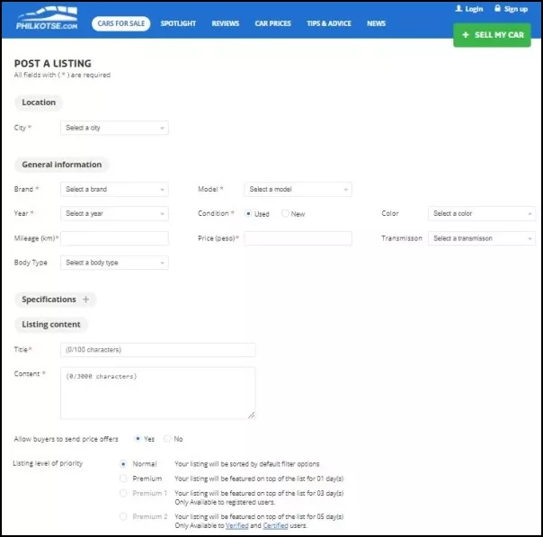 a landing page on philkotse.com for listing a car - best platform for car trade in the Philippines