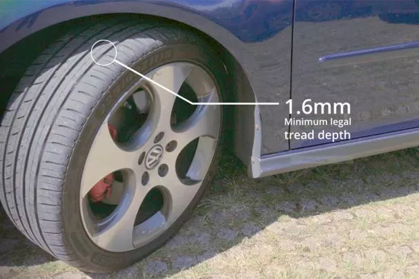 A car tire with 1.6mm in depth of the tread