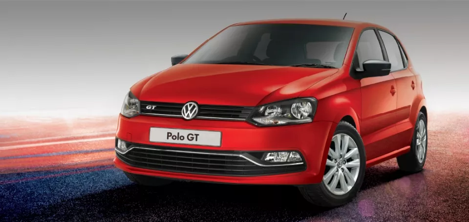 angular front of a red Volkswagen Polo 